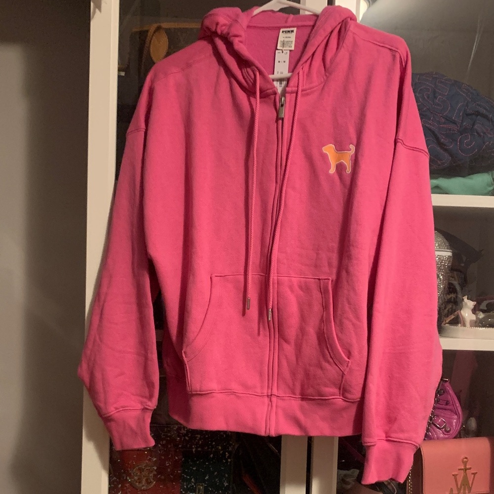 PINK Victoria's Secret Bright Pink  with orange dog hoodie